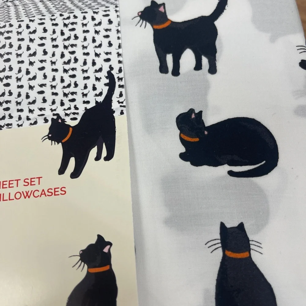 Cath Kidston Black Cats Halloween Queen Sheet Set 100% Cotton NWT